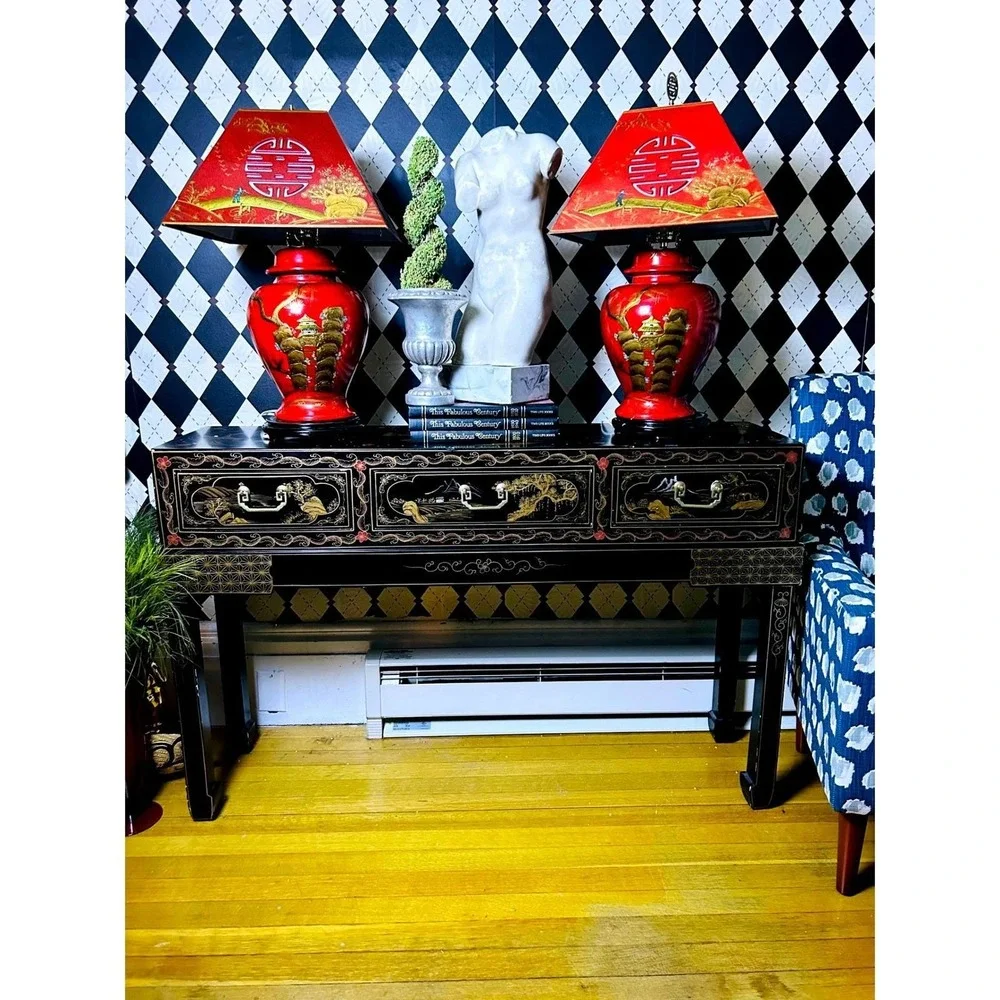 Pair Large Chinese Chinoiserie Red Lacquer Lamps Pagoda Shades Hollywood Regency